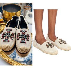 🆕 TORY BURCH 🧿 NWOT Ines Linen & Leather Bejewelled Espadrilles - Size 5